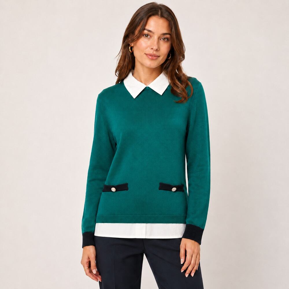 Karl Lagerfeld Layered Look Collared Sweater Womens Sz XL Green Rhinestone